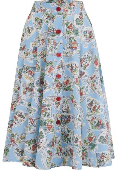 The Beverly Button Front Full Circle Skirt with Pockets in Pagoda Print – New In | Kitty Darling