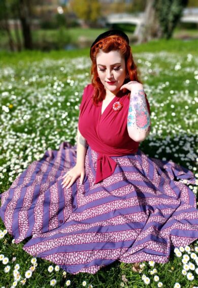 The Beverly Button Front Full Circle Skirt with Pockets in Dotty Deco Print – New In | Kitty Darling