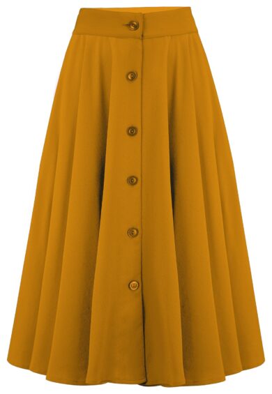 The Beverly Button Front Full Circle Skirt with Pockets in Solid Mustard – New In | Kitty Darling