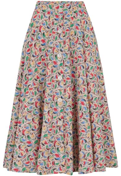 The Beverly Button Front Full Circle Skirt with Pockets in Tutti Frutti Print – New In | Kitty Darling
