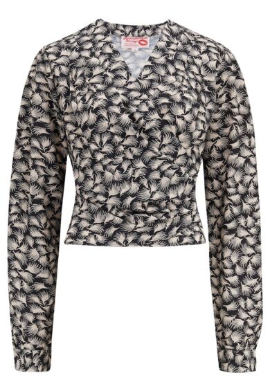 The Darla Long Sleeve Wrap Blouse in Black Whisp Print – New In | Kitty Darling