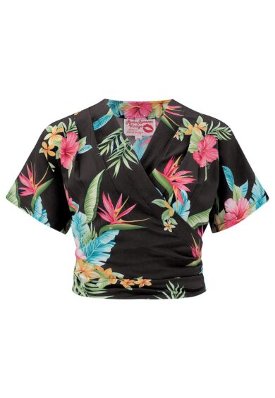 The Darla Short Sleeve Wrap Blouse in Black Honolulu Print – New In | Kitty Darling
