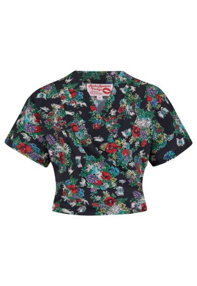 The Darla Short Sleeve Wrap Blouse in Secret Garden Print – Blouses | Kitty Darling