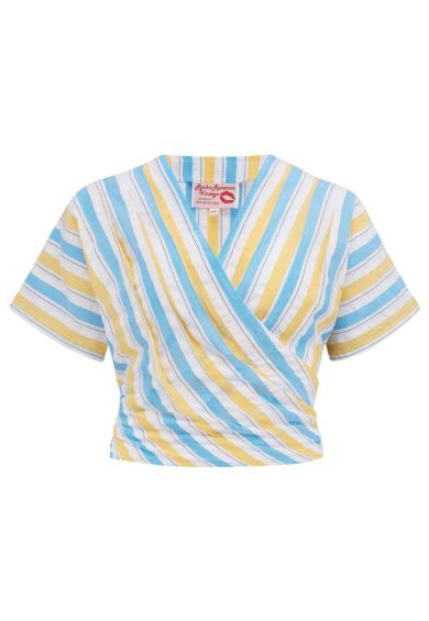 The Darla Short Sleeve Wrap Blouse in Yellow & Blue 100% Cotton Seersucker – New In | Kitty Darling