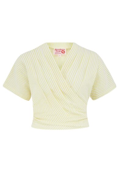 The Darla Short Sleeve Wrap Blouse in Yellow Stripe 100% Cotton Seersucker – New In | Kitty Darling
