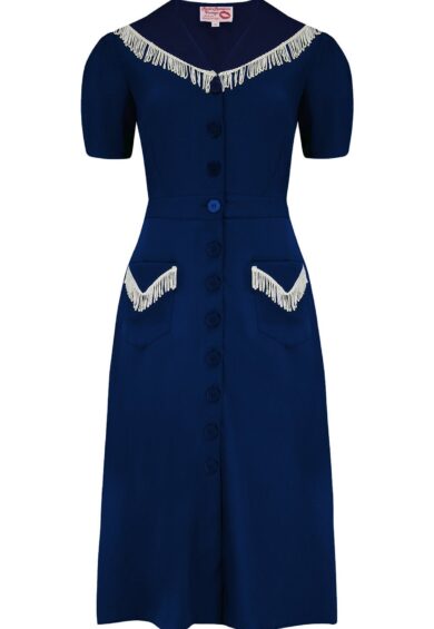 The Dolly Fringed Dress in Navy With Ivory – New In | Kitty Darling