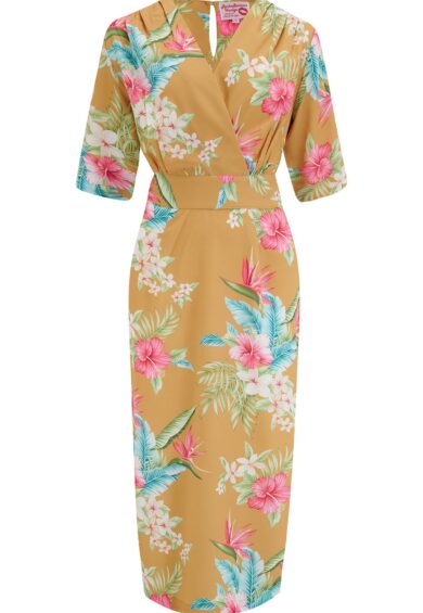 The Evelyn Wiggle Dress in Mustard Honolulu – New In | Kitty Darling