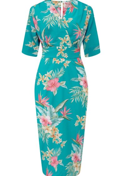 The Evelyn Wiggle Dress in Teal Honolulu – New In | Kitty Darling