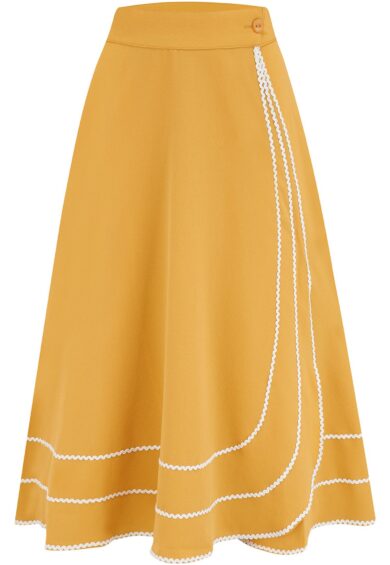 The Glynis Wrap Around Circle Skirt with Pockets in Mustard with Ivory Ric Rac – New In | Kitty Darling