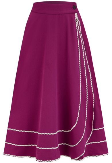 The Glynis Wrap Around Circle Skirt with Pockets in Plum with Ivory Ric Rac – New In | Kitty Darling