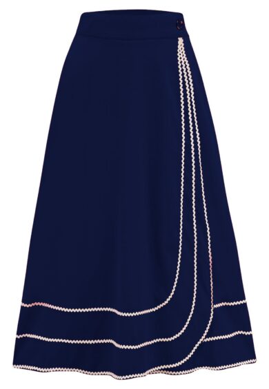 The Glynis Wrap Around Circle Skirt with Pockets in Navy with Ivory Ric Rac – New In | Kitty Darling