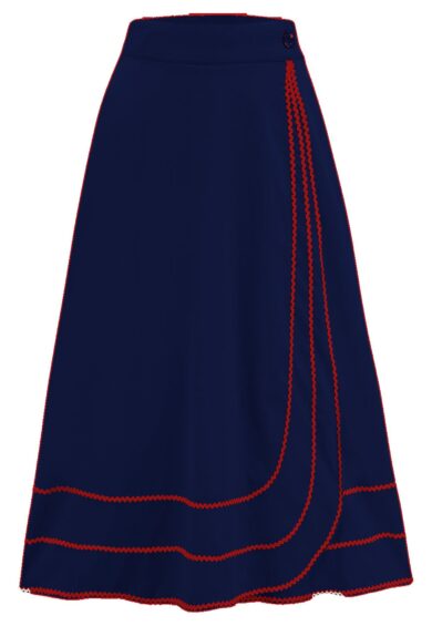 The Glynis Wrap Around Circle Skirt with Pockets in Navy with Red Ric Rac – New In | Kitty Darling
