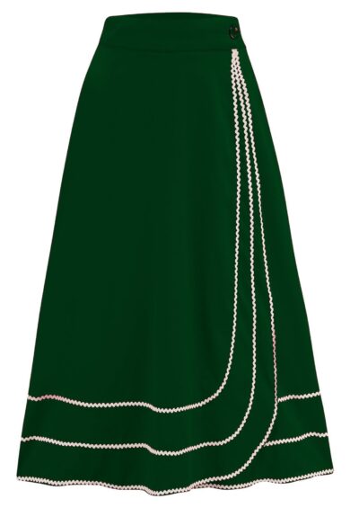 The Glynis Wrap Around Circle Skirt with Pockets in Green with Ivory Ric Rac – New In | Kitty Darling