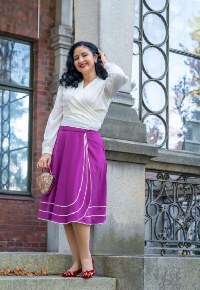 The Glynis Wrap Around Circle Skirt with Pockets in Plum with Ivory Ric Rac – New In | Kitty Darling