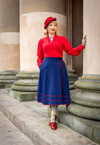 The Glynis Wrap Around Circle Skirt with Pockets in Navy with Red Ric Rac – New In | Kitty Darling