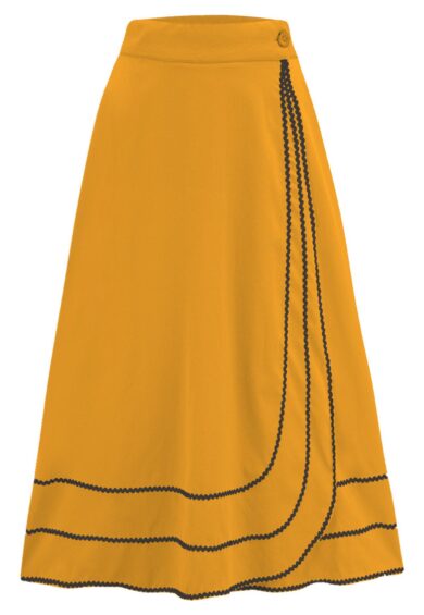 The Glynis Wrap Around Circle Skirt with Pockets in Mustard with Black Ric Rac – New In | Kitty Darling