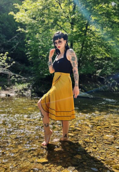 The Glynis Wrap Around Circle Skirt with Pockets in Mustard with Black Ric Rac – New In | Kitty Darling