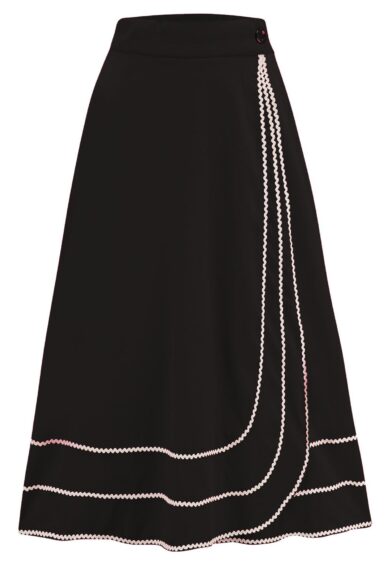 Home 10 The Glynis Wrap Around Circle Skirt with Pockets in Black with Ivory Ric Rac – New In | Kitty Darling