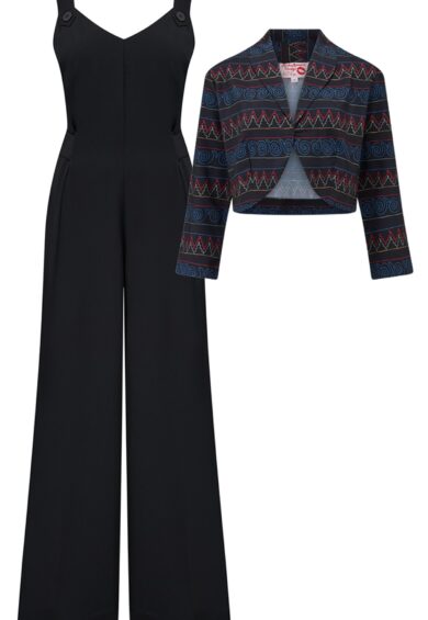 The Lana Palazzo Jump Suit & Bolero 2pc Set in Panama Print & Black – New In | Kitty Darling