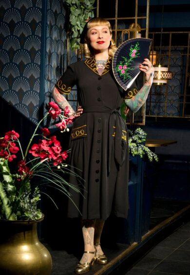 The Loopy-Lou Shirtwaister Dress in Black with Contrast Gold RicRac – New In | Kitty Darling