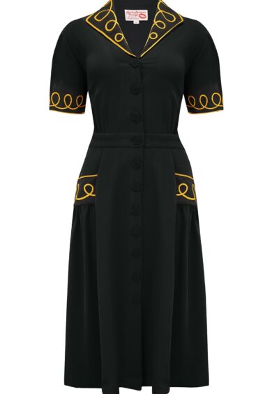 The Loopy-Lou Shirtwaister Dress in Black with Contrast Gold RicRac – New In | Kitty Darling