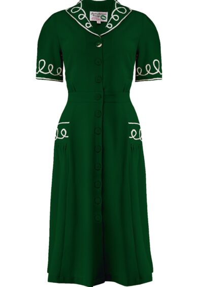 The Loopy-Lou Shirtwaister Dress in Green with White Contrast RicRac – New In | Kitty Darling
