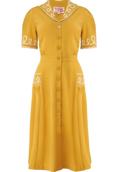 The Loopy-Lou Shirtwaister Dress in Mustard with Contrast RicRac – New In | Kitty Darling