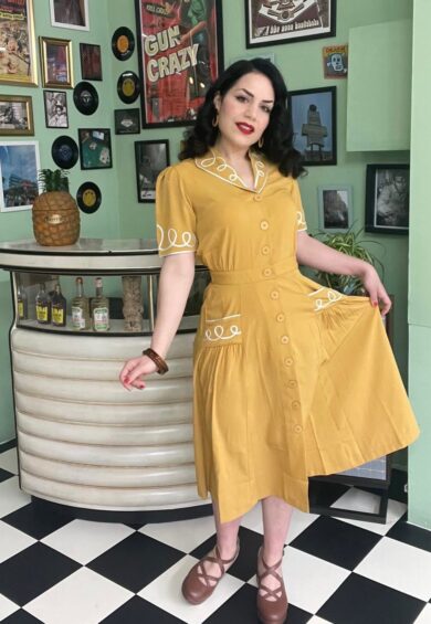 The Loopy-Lou Shirtwaister Dress in Mustard with Contrast RicRac – New In | Kitty Darling