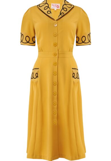 The Loopy-Lou Shirtwaister Dress in Mustard with Contrast Black RicRac – New In | Kitty Darling