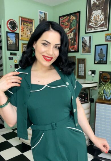 The Lucille 2pc Sweetheart Dress & Bolero Set In Green with Ivory Contrast – New In | Kitty Darling