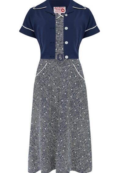 The Lucille 2pc Sweetheart Dress & Bolero Set In Navy Ditzy – New In | Kitty Darling