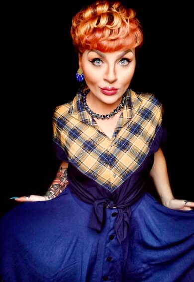 The Maisy Tuck in or Tie Up Blouse in Mustard Check & Navy – New In | Kitty Darling