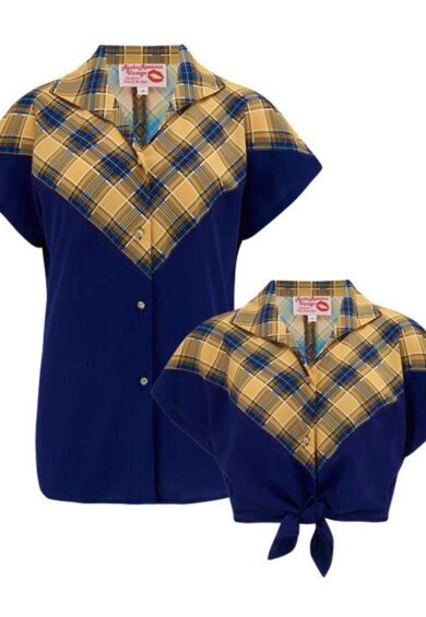 The Maisy Tuck in or Tie Up Blouse in Mustard Check & Navy – New In | Kitty Darling