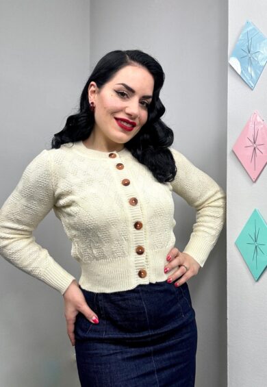 The Sandra Textured Diamond Knit Cardigan in Cream – New In | Kitty Darling