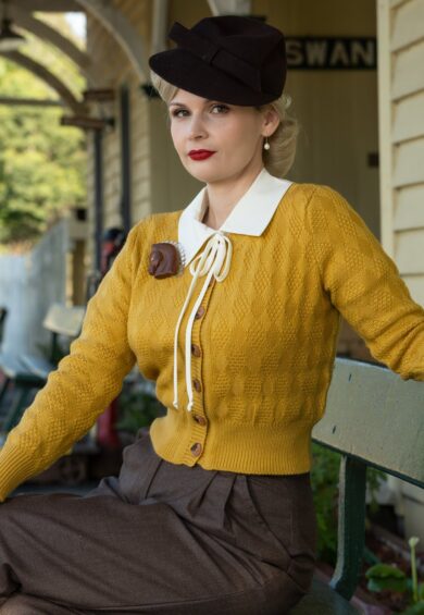 The Sandra Textured Diamond Knit Cardigan in Light Mustard – New In | Kitty Darling