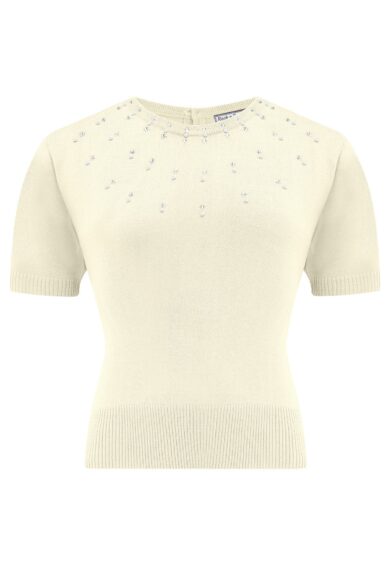 The Tallulah Diamanté & Pearl Short Sleeve Pullover in Cream – New In | Kitty Darling
