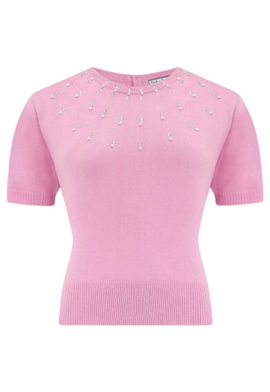 The Tallulah Diamanté & Pearl Short Sleeve Pullover in Rose Pink – New In | Kitty Darling