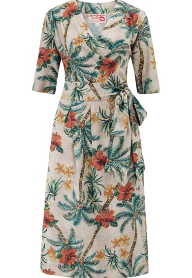 The Vivien Full Wrap Dress in Tiki Palm Print – New In | Kitty Darling