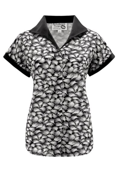 Tuck in or Tie Up Maria Blouse in Black Whisp Print With Solid Collar & Caps Authentic 1950s – New In | Kitty Darling