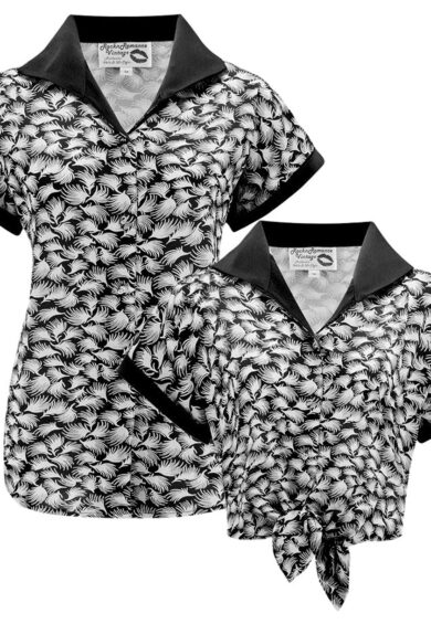 Tuck in or Tie Up Maria Blouse in Black Whisp Print With Solid Collar & Caps Authentic 1950s – New In | Kitty Darling