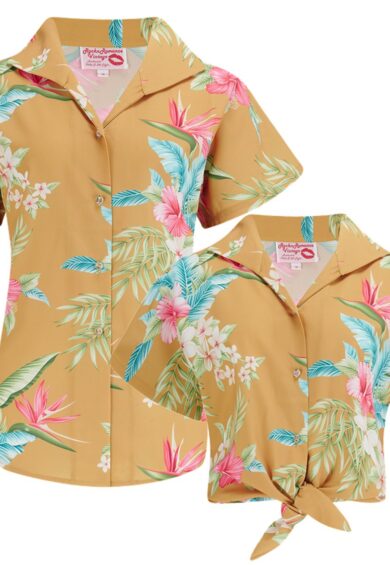 Tuck in or Tie Up Maria Blouse in Mustard Honolulu Print Authentic 1950s – New In | Kitty Darling