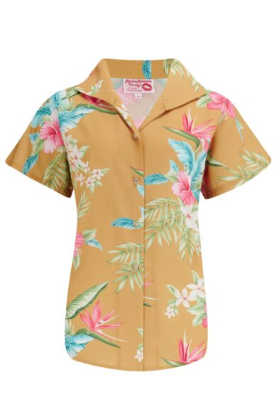 Tuck in or Tie Up Maria Blouse in Mustard Honolulu Print Authentic 1950s – New In | Kitty Darling