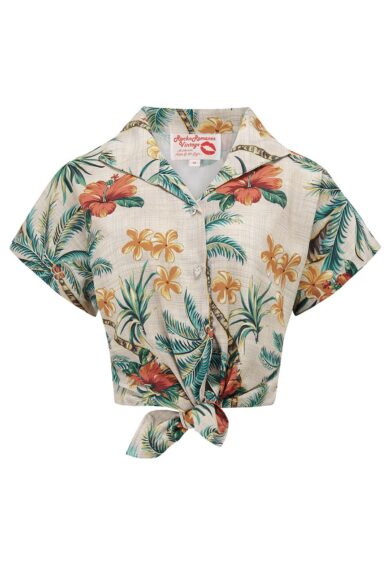 Tuck in or Tie Up Maria Blouse in Tiki Palm Print Authentic 1950s – New In | Kitty Darling