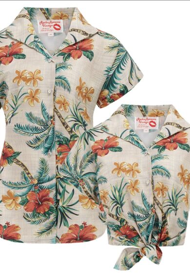 Tuck in or Tie Up Maria Blouse in Tiki Palm Print Authentic 1950s – New In | Kitty Darling