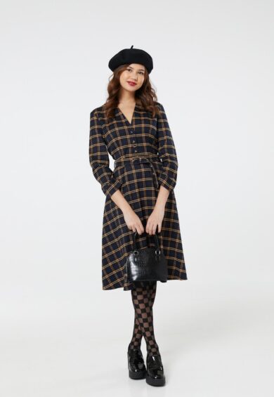 Helena Navy Check Dress in Navy and Yellow Check – 50s Dresses, Dresses | Kitty Darling