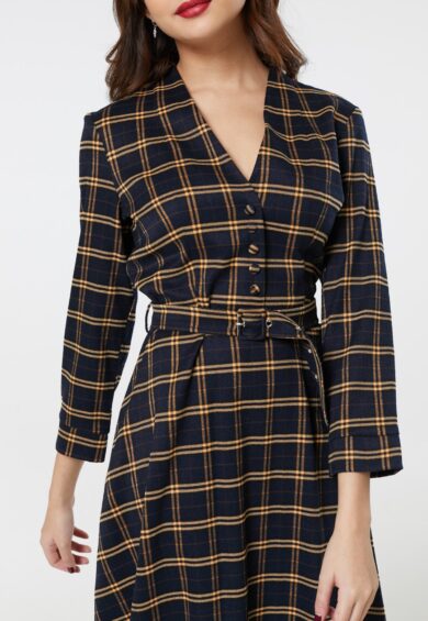 Helena Navy Check Dress in Navy and Yellow Check – 50s Dresses, Dresses | Kitty Darling