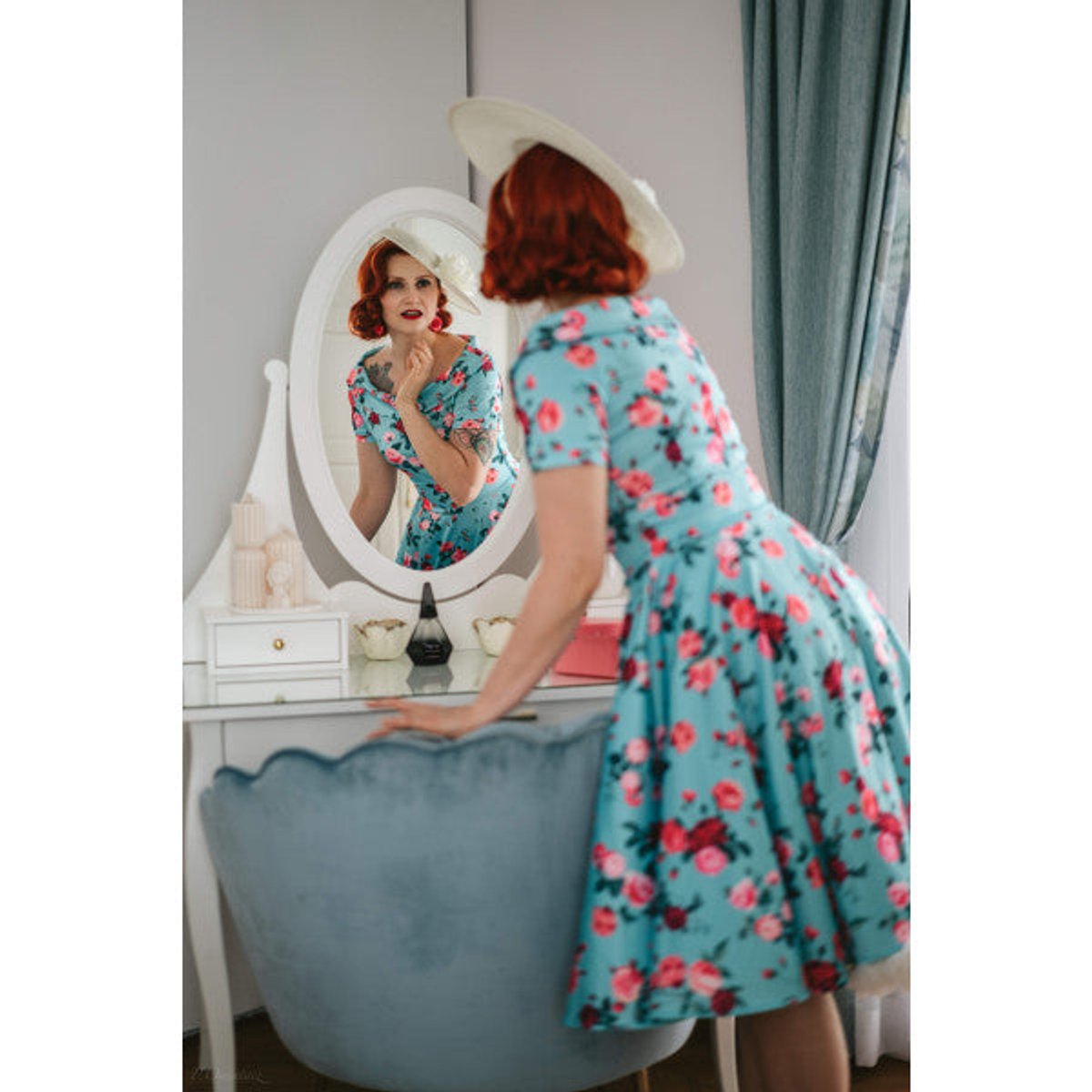 Darlene 50s Style Rose Floral Off Shoulder Swing Dress in Aqua Blue 3 Darlene 50s Style Rose Floral Off Shoulder Swing Dress in Aqua Blue - Image 3