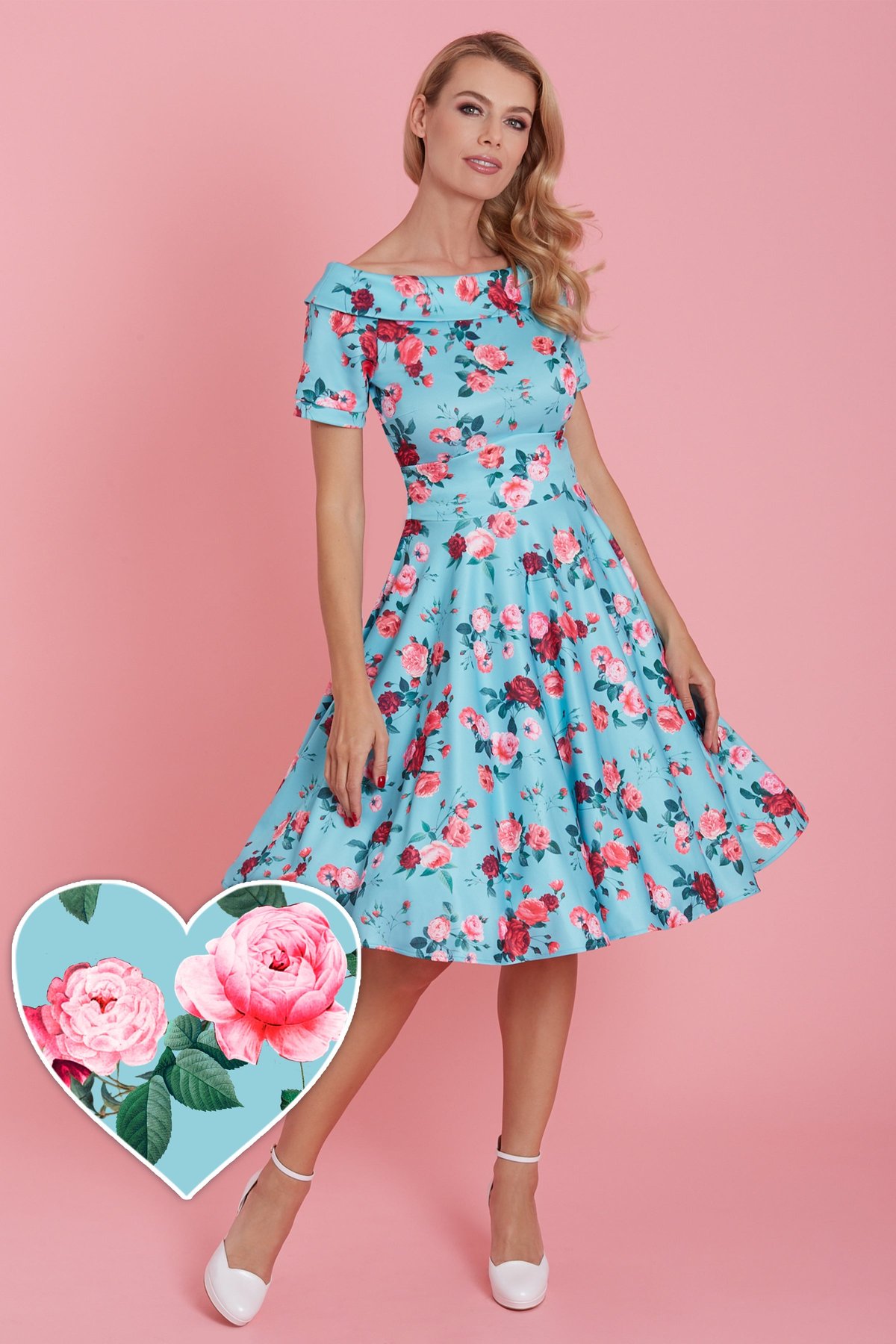 Darlene 50s Style Rose Floral Off Shoulder Swing Dress in Aqua Blue 6 Darlene 50s Style Rose Floral Off Shoulder Swing Dress in Aqua Blue - Image 6