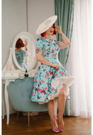 Darlene 50s Style Rose Floral Off Shoulder Swing Dress in Aqua Blue – Just Landed | Kitty Darling