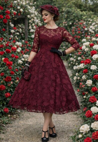 Madeline Long Sleeved Burgundy Lace Dress – New In | Kitty Darling